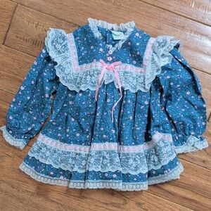Vintage Gunne Sax Style Floral Blue Kids Dress with Lace Trim